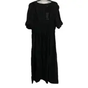 Portmans Linen Blend Black Fully Lined Puff Sleeve Dress Ladies Size 16 NEW
