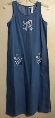 NWT Compliments Women’s S Denim Sleeveless Maxi Dress Painted Fish