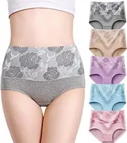 [LAIBMFC] Women's Briefs Underwear Cotton High Waist Tummy Control Panties Rose Jacquard Ladies Panty 5 pack