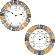 Lily's Home Indoor or Outdoor Large Hanging Wall Clock and Thermometer Set. 10" Inch Diameter. (Stone)