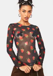 [Dangerfield] Strawberry Sheer Mesh Top
