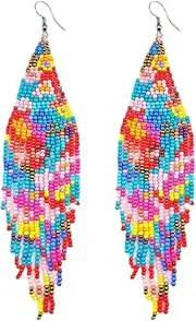 [Luluping] Long Beaded Tassel Earrings - Big Bohemian Statement Native Beaded Fringe Dangle Earrings for Women, Large Boho Handmade Bead Chandelier Drop Earrings