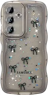 [ZTOFERA] for Samsung Galaxy S24 Case, Cute Wave Frame Curly Bow TPU Transparent Slim Bowknot Shockproof Glitter Cover, Black