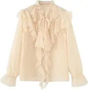 [Sweejim] Women's Shirt Casual Stacked Decorative Chiffon Long Sleeve Summer Blouses Tops