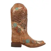 Corral Boots Floral Inlay Embroidered Square Toe Cowboy . Womens Brown Casual Bo