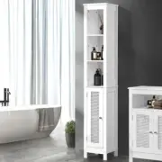 Bathroom Cabinet Storage Laundry Tall Slim Cupboard Rattan Door White