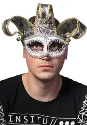 Venetian Jester Silver and White Masquerade Mask