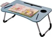 OHAHO Laptop Bed Desk, Foldable Lap Table with Cup Holder, Tablet Slot, Portable Stand for Working, Writing, Drawing (Blue)