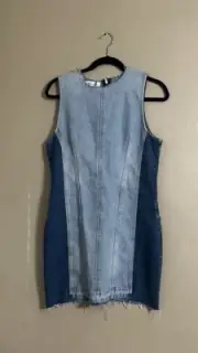 Zara Dress Sz L Denim Short Patchwork Back Pockets Un-Hemmed Front Zipper Casual
