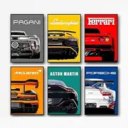 [ZIENVE] Car Posters Supercar Wall Art Prints, Set of 6 Vintage Racing Car Pictures Canvas Wall Art Room Bedroom Decor, 20 x 25cm Unframed