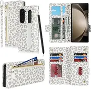 [SunYoo] for Galaxy Z Fold5 Case Leather Wallet with Card Holders Money Slots Wrist Strap for Women RFID Blocking Purse for Samusng Z Fold 5 Zipper Coin Cover Kickstand Folio Flip Case LeopardWhite
