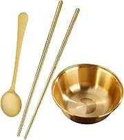 ABOOFAN 1Set Brass Tableware of Brass Bowl Chopsticks Spoon for Serving Fruit Salad Noodles Kitchen Accessory for Indoor Outdoor Use