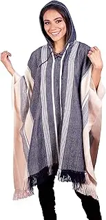 [INTI ALPACA] Hodded Beige and Blue Alpaca Poncho for Women, Blue