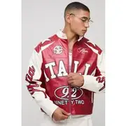 Mens Red Sfera Boxy Varsity Applique PU Hemless Bomber