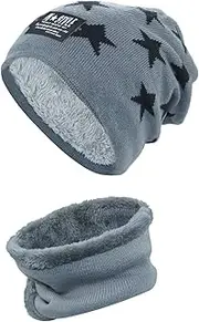 [YR.Lover] Thick Beanie Hat + Scarf Set Winter Warm Snow Knit Skull Cap for Children Boys Girls (Suitable for 6-14 Years)