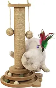 Cat Scratching Post - 4 in 1 Wooden Cat Scratcher Toy | Wooden Ball Cardboard 2 Level with Cat Track Dangling Balls | Cat Natural Sisal Scratching Bed Pad Cat Tree Feather Toy for Kittens Adult Cats