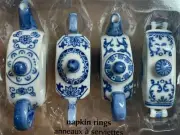 Set 4 English Tea Time Porcelain Blue & White Teapot Napkin Rings Pier One NIB