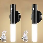 Battery Powered LED Wall Lamp Lights Indoor with Switch, USB Rechargeable Wall Lights with Motion Sensor Magnetic Dimmable Induction Under Cabinet Light Bedroom Mirror Wall Sconces (Black,2 Pack)