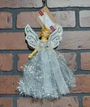 Angel Ornament ~ Holiday Decorations ~ Silver Tinsel, Beads, Jewel ~ 8 Inch
