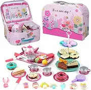 Tea Party Set Little Girls Kids Tea 56pcs Afternoon Tea Dessert Toys Flower Series Cake Biscuit Coffee Cup Tableware Plate Pretend Toys Girls Handheld