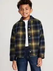 Old Navy NWT! Boys Soft-Brushed Flannel Sherpa-Lined Shacket In Olive Plaid