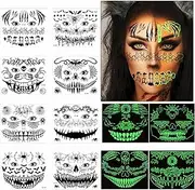 Pack of 12 Halloween Face Tattoos Scary Glow in the Dark, Scary Face Tattoo, Halloween Temporary Tattoo, Day of the Dead 3D Spider Skull Horror Tattoo, for Halloween Scary Make-Up Party