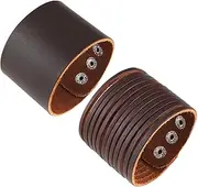 [HZMAN] 2Pcs Genuine Leather Bracelets for Men Boy Punk Wide Cuff Leather Bracelet Adjustable Wristband Bracelet Jewelry Gift