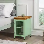 Nightstand with Tempered Glass Door Metal Bedside Table with Solid Wood Tabletop