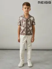 Reiss Mink Brown/ Off White Terrazzo 3-9 yrs Geometric Embroidery Knit Shirt (AP0380) | $110