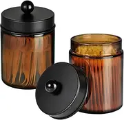 Amolliar Amber Glass Qtip Holder, Apothecary Jars with Matte Black Metal Lid & Stickers-Bathroom Qtip Dispenser Storage Organizer Set,Vanity Counter Canister for Cotton Swabs,Round Pads,Floss (2 Pack)