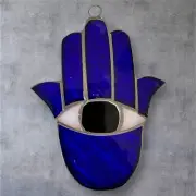NEW Stained Glass Suncatcher Window Decor Hamsa Fatima Hand 5" Dark Blue