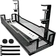 No Drill Under Desk Cable Management Tray with clamp-Premium Wire Tray Cord Organizer – Thin Steel Cable Tray Basket with Charger Holder for Desk–Black Cable Management Box–Easy to Install