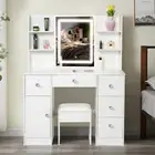 White Makeup Vanity Dressing Table Desk Set with Stool Lighted Mirror 5 Drawers