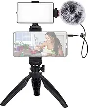 Phone Vlogging Kit for Video Recording with Microphone Built-in Battery Light Windscreen with Phone Clamp Tripod Shock Mount and TRS/TRRS Cable Black One Size