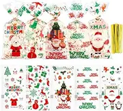 Christmas Treat Bags 100 Pack Christmas Cellophane Treat Bags 5.04x10.63 Inch Treat Candy Bags with 100 Pcs Twist Ties for Cookie Goodies Gift Present Wrap Xmas Party Favor Supplies 5 Styles
