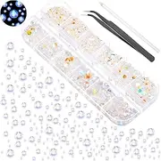 2000 Pieces Flat Back Gems Round Crystal Rhinestones 6 Sizes (1.5-6 mm) with Pick Up Tweezer and Rhinestones Picking Pen for Crafts Nail Face Art Clothes Shoes Bags DIY, Small, Glass