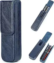Top Grain Genuine Leather 2 Pen/Pencil Tray Case Holder, Minimalist Fashion Design, Handmade, Magnetic Closing with Drawer Design, Gift Choice for Man/Woman/Office, Glossy Blue, 2 Slots