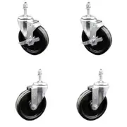 5 Inch SS Phenolic Wheel Swivel 3/8 Inch Threaded Stem Caster Set 2 Brakes SCC