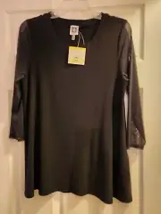 NWT ANNE KLEIN Black Tunic Knit Top Sheer 3/4 Sleeve Medium $79