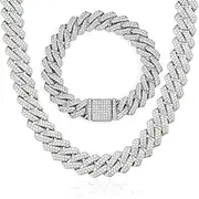 [LMXMGRG] 2Pcs Mens Cuban Link Diamond Cut Chains 15mm Cuban Necklace and Bracelet Silver Bling Diamond Hip Hop Jewelry for Men Women