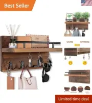 Rustic Wall-Mounted Key Holder with Shelf & 5 Hooks – Elegant Storage Solution