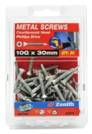 Zenith COUNTERSUNK HEAD METAL SCREWS 10Gx30mm 50Pcs Galvanised Steel