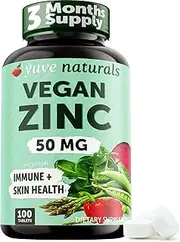 Yuve Vegan Natural Zinc 50mg Supplement - Boosts Your Immune System - Fast Relief from Colds and Flu - Acne Free Skin - Healthy Hormone Levels - Non-GMO, Gluten Free, Sugar Free - 100 Vegetarian Tabs