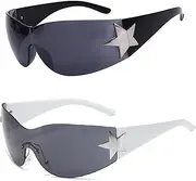 [KaMbLe] Rimless Y2K Sunglasses for Women Men, Wrap Around Fashion Sunglasses Oversized Frameless Trendy 2000s Trendy Sun Glasses (Black,White)