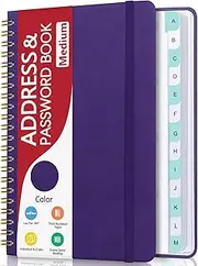 Address Book with Alphabetical Tabs, Hardcover Phone Book Password Keeper with Spiral Binding, Address Books for Seniors, Record Internet Logins, Coloring Pages - 5.7" × 7.7" (Purple)