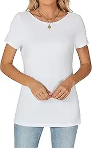 [Famrrifuu] Women's T-Shirt Short Sleeve Bodycon Tops with Boat Neck Summer Basic Stretch Plain Shirts for Summer Spring