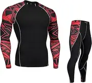 [GUANYUA] Men’s Compression Set, Long Sleeve+Pants Gym Clothing Set,Base Layers Tights with Loose Fitting 2pcs-D-M