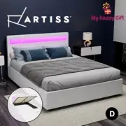 Artiss Bed Frame DOUBLE Size RGB LED Gas Lift Storage Mattress Base White COLE