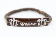 Coconut Shell Bracelet "Hawaii" Tag - 7", Dark Brown Shell (Thin), White Turtle