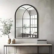 Dewfig Arched Window Wall Mirror, 30"x20", Decorative Mirror, Vanity Mirror for Bathroom, Bedroom, Entryway, Living Room, Window Pane Mirror, Farmhouse Mirrors for Wall Decor, Metal Frame, Black